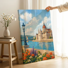 Budapest Parliament on the Danube watercolour art print canvas print with mirror edge in a room