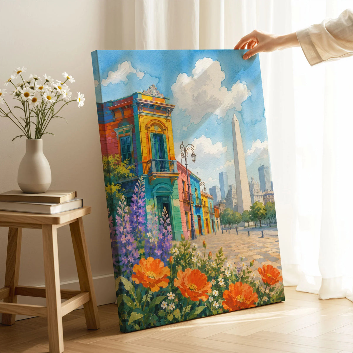 Buenos Aires La Boca houses and the Obelisco watercolour art print canvas print with mirror edge in a room