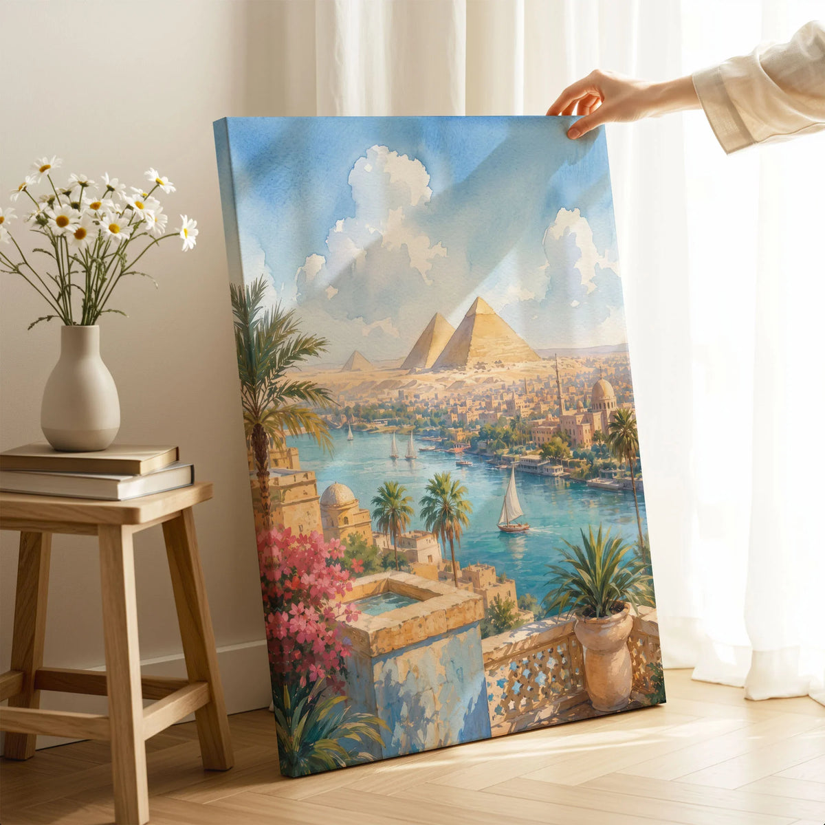 Cairo Pyramids of Giza and the Nile watercolour art print canvas print with mirror edge in a room