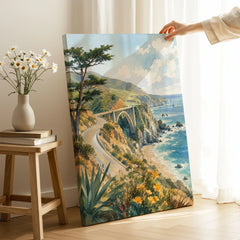 Big Sur Bixby Bridge on the coast watercolour art print canvas print with mirror edge in a room