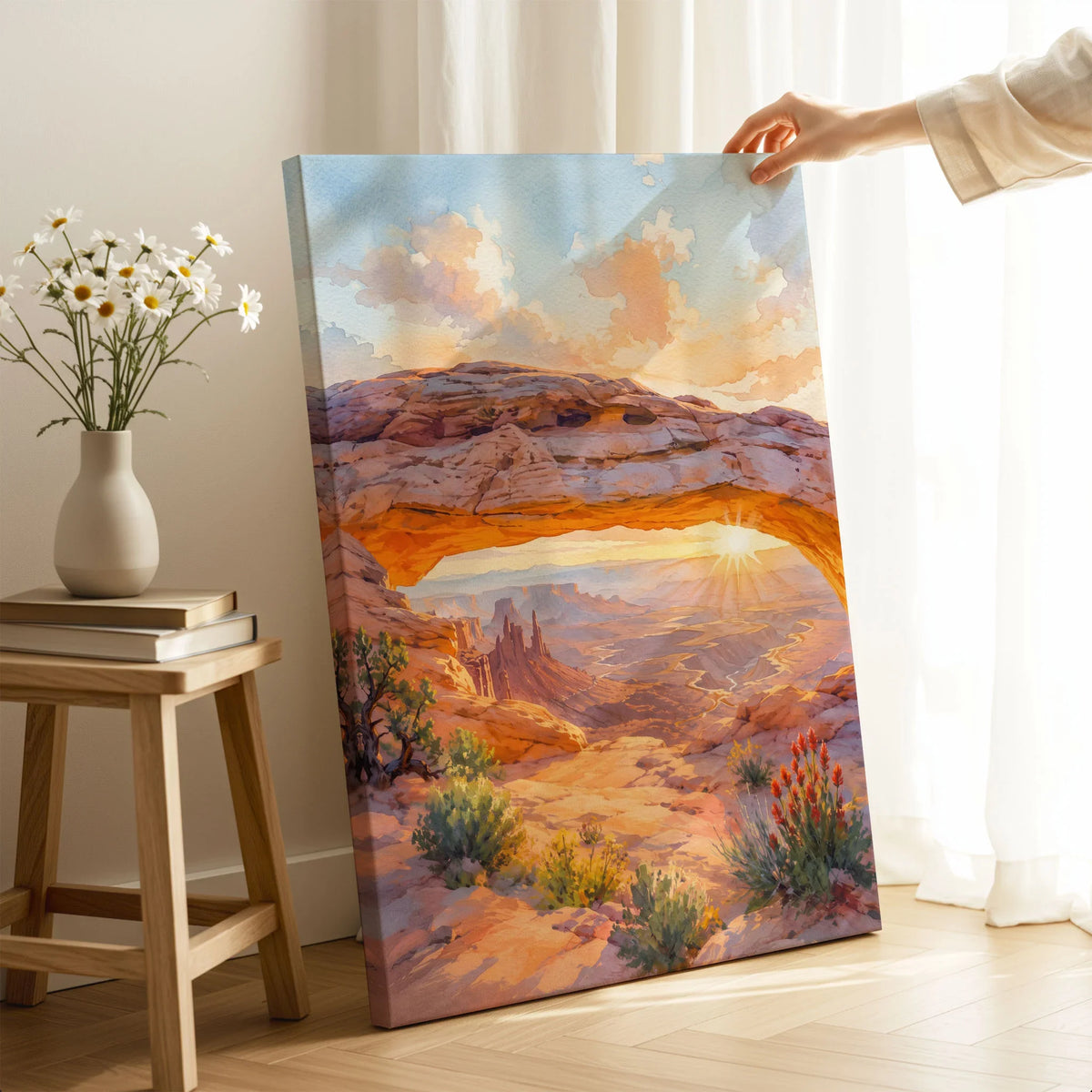 Canyonlands National Park Mesa Arch at sunrise watercolour art print canvas print with mirror edge in a room