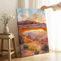 Canyonlands National Park Mesa Arch at sunrise watercolour art print canvas print with mirror edge in a room