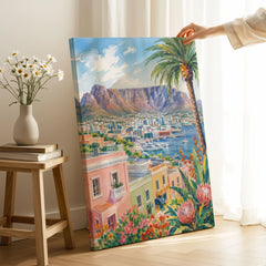 Cape Town Table Mountain and colourful houses watercolour art print canvas print with mirror edge in a room