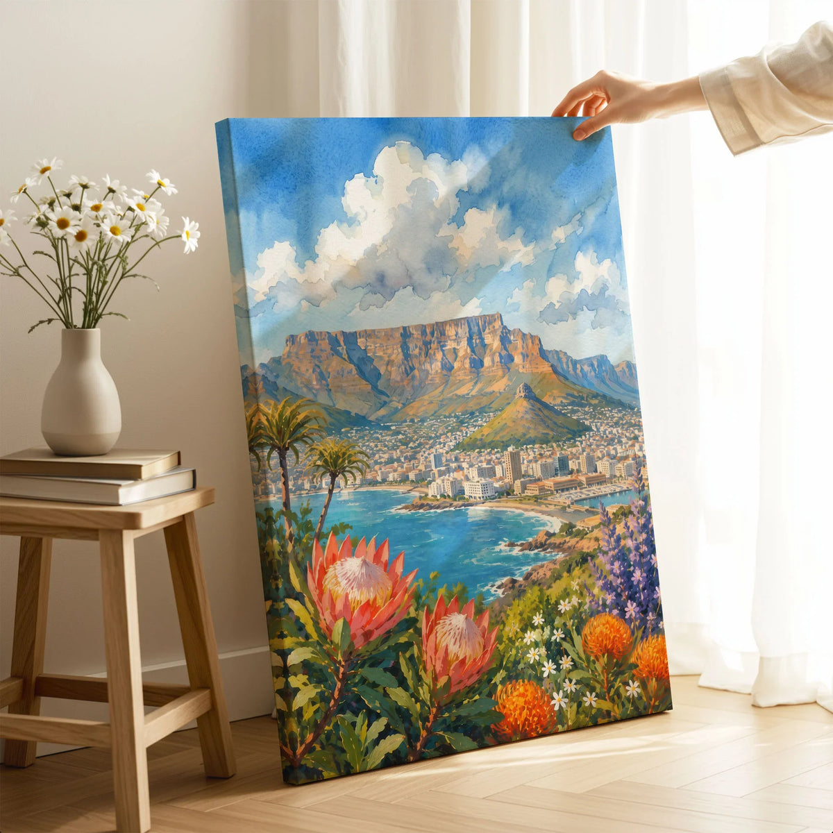 Cape Town Table Mountain bay with proteas watercolour art print canvas print with mirror edge in a room