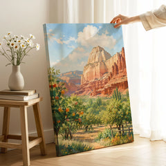 Capitol Reef National Park Fruita orchards and cliffs watercolour art print canvas print with mirror edge in a room