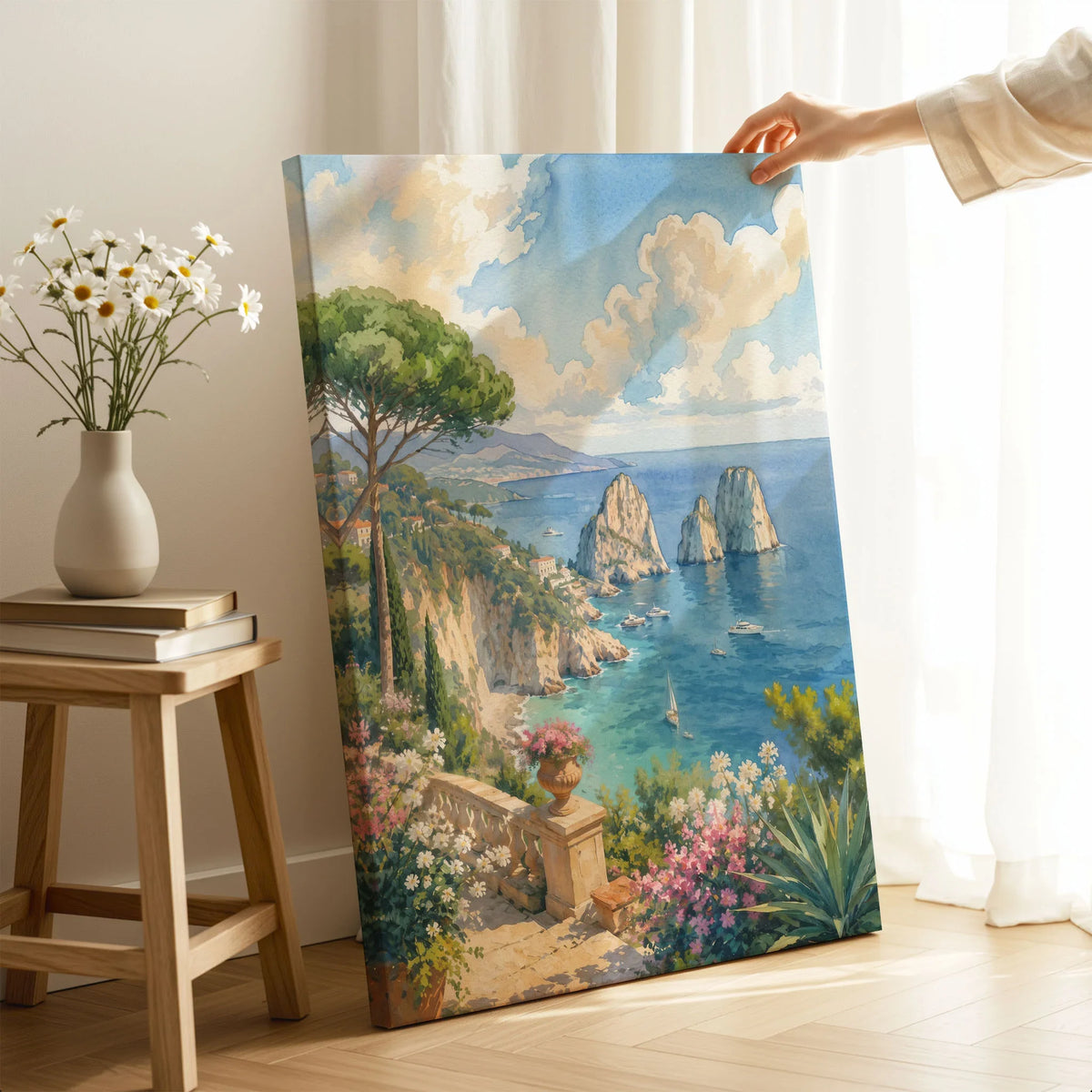 Capri Faraglioni rocks watercolour art print canvas print with mirror edge in a room