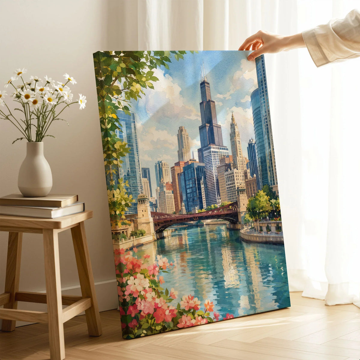 Chicago river and skyline watercolour art print canvas print with mirror edge in a room