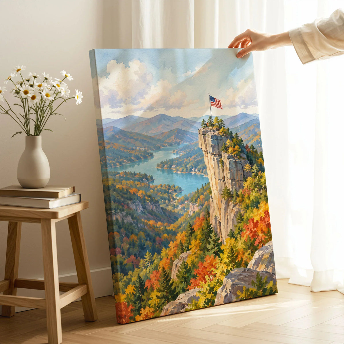 Chimney Rock State Park Chimney Rock above Lake Lure watercolour art print canvas print with mirror edge in a room