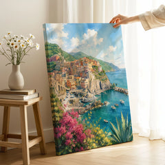 Cinque Terre Manarola cliff village watercolour art print canvas print with mirror edge in a room