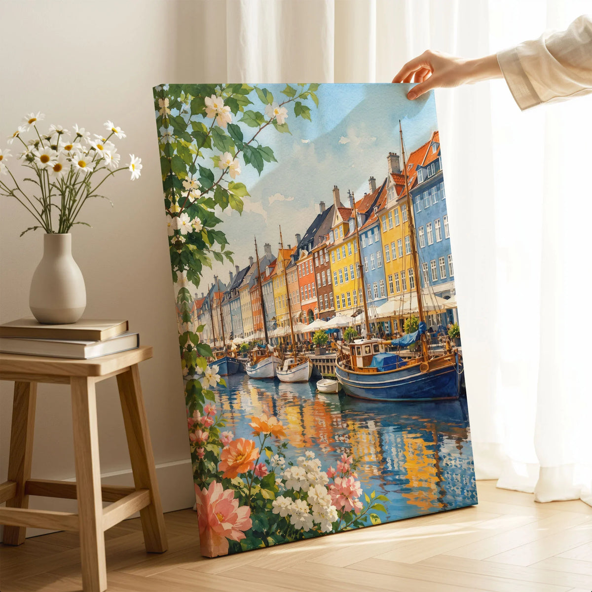 Copenhagen Nyhavn harbour houses watercolour art print canvas print with mirror edge in a room