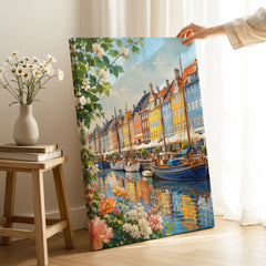 Copenhagen Nyhavn harbour houses watercolour art print canvas print with mirror edge in a room