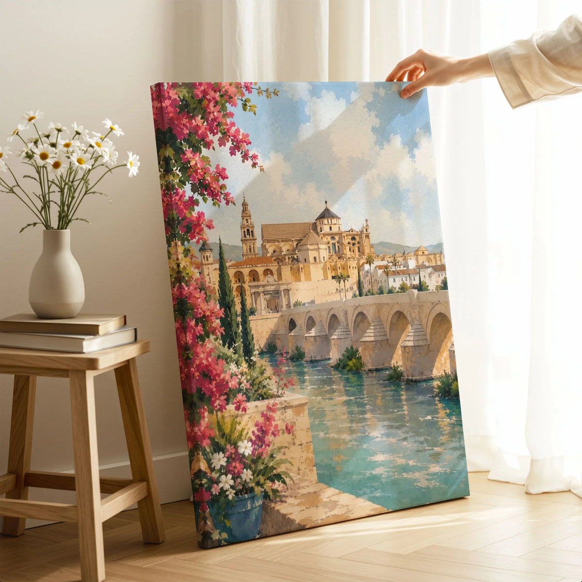 Córdoba Roman bridge and Mezquita watercolour art print canvas print with mirror edge in a room