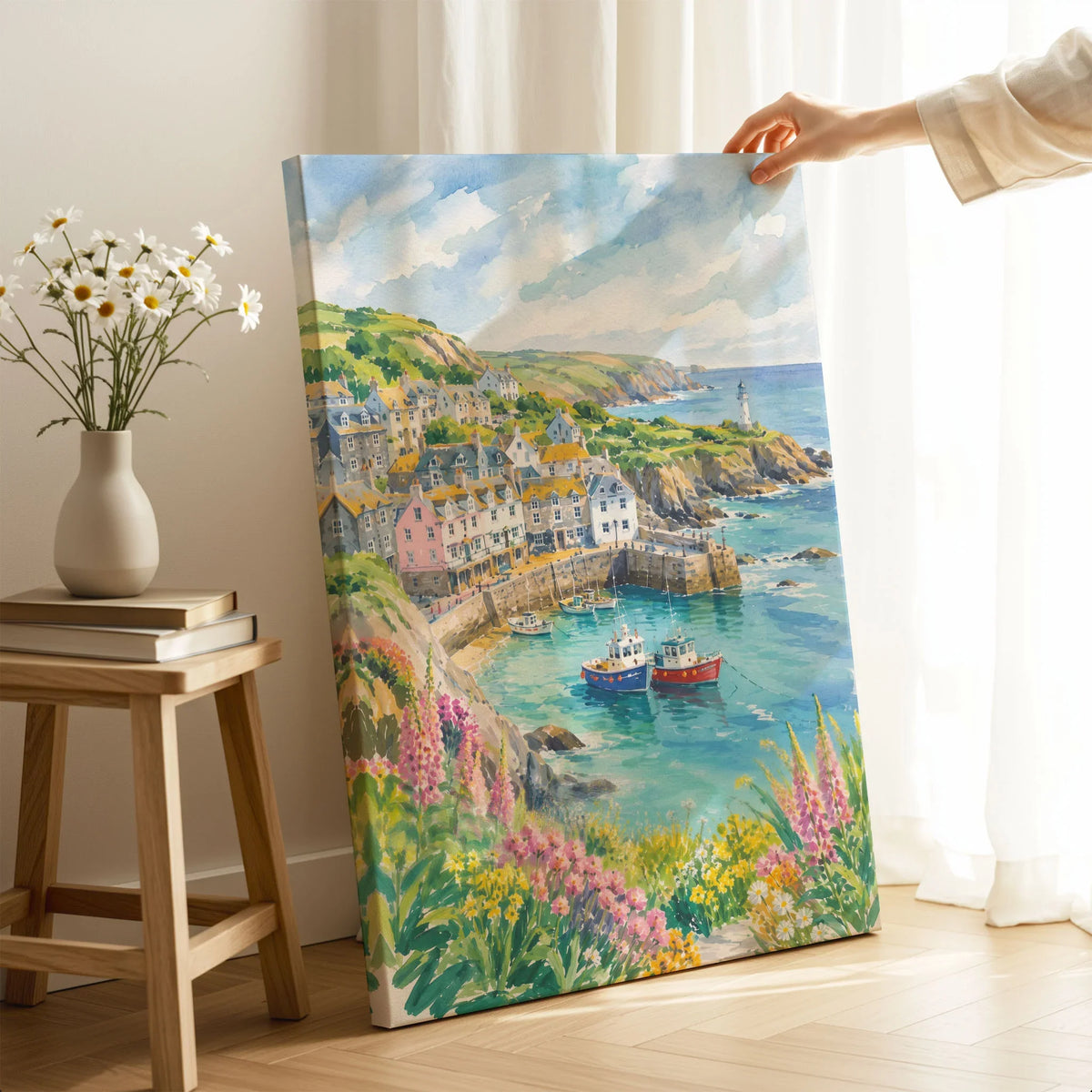 Cornwall harbour, fishing boats and lighthouse watercolour art print canvas print with mirror edge in a room