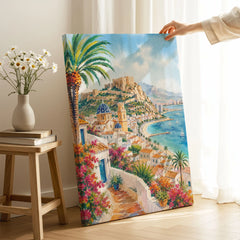 Costa Blanca Altea blue-domed church and coast watercolour art print canvas print with mirror edge in a room