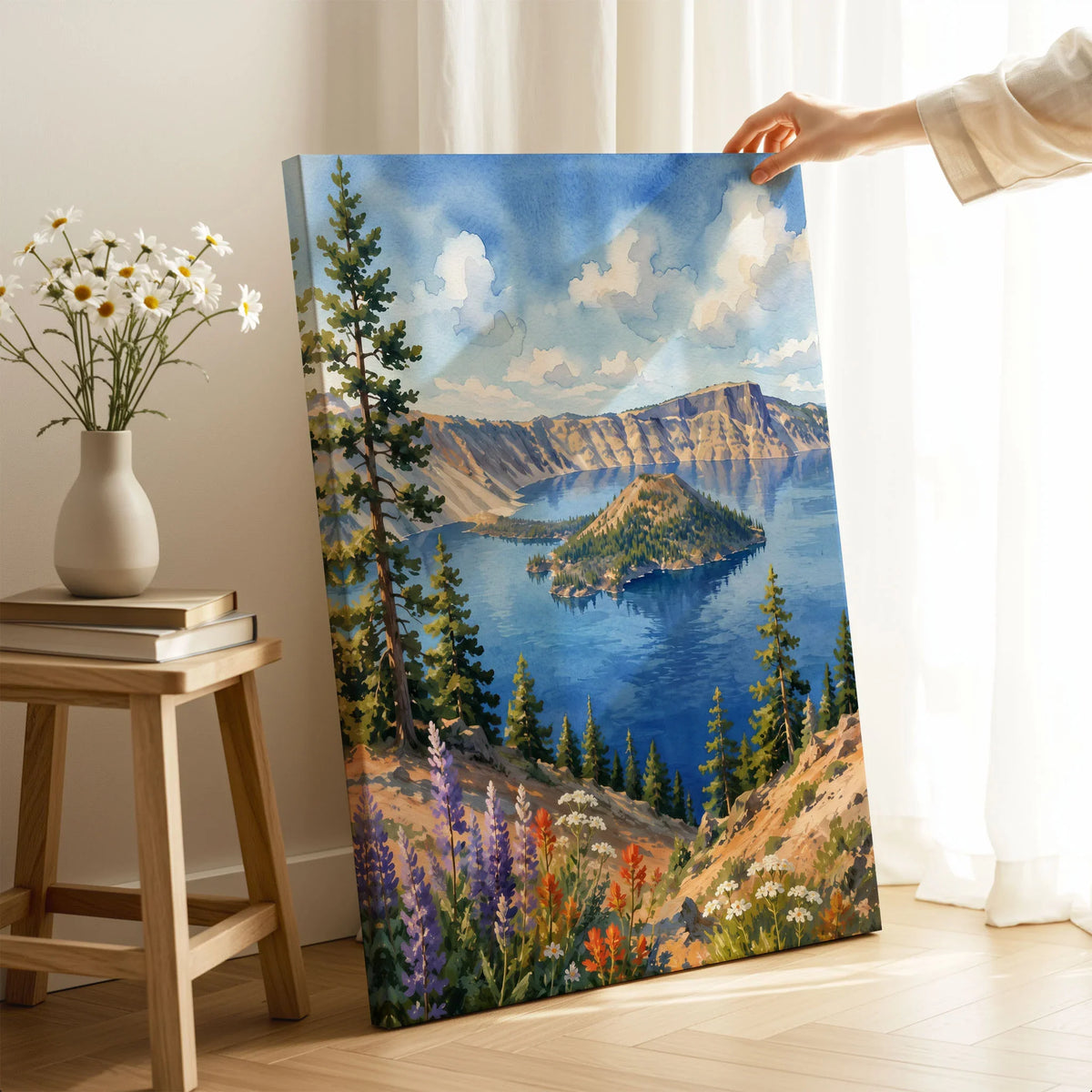 Crater Lake National Park Wizard Island in the deep blue lake watercolour art print canvas print with mirror edge in a room