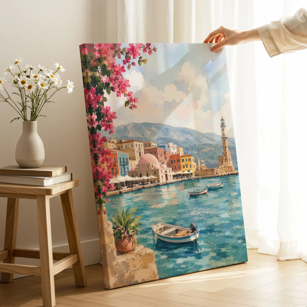 Crete Chania Venetian harbour and lighthouse watercolour art print canvas print with mirror edge in a room