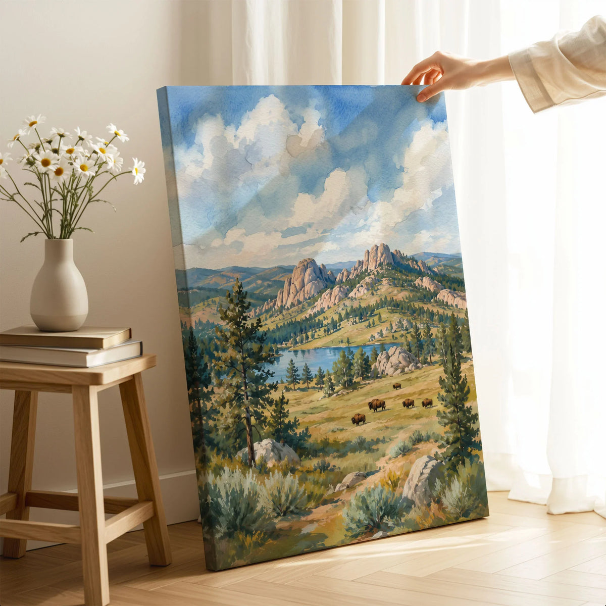 Custer State Park bison grazing below the Black Hills watercolour art print canvas print with mirror edge in a room