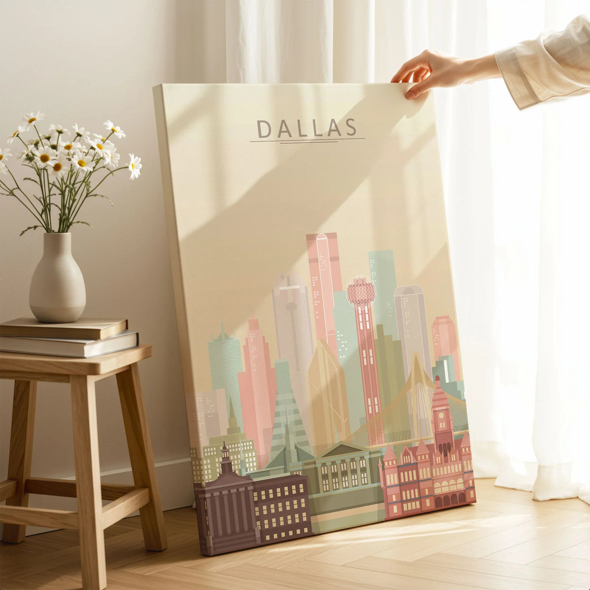 Dallas city skyline art print, canvas print with mirror edge in a room