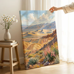 Death Valley National Park sand dunes and golden hills watercolour art print canvas print with mirror edge in a room