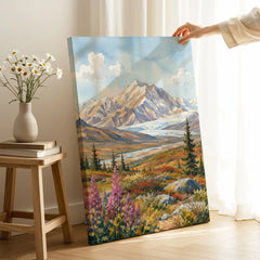 Denali National Park snow-capped Denali peak watercolour art print canvas print with mirror edge in a room