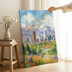 Denver skyline and Rocky Mountains watercolour art print canvas print with mirror edge in a room