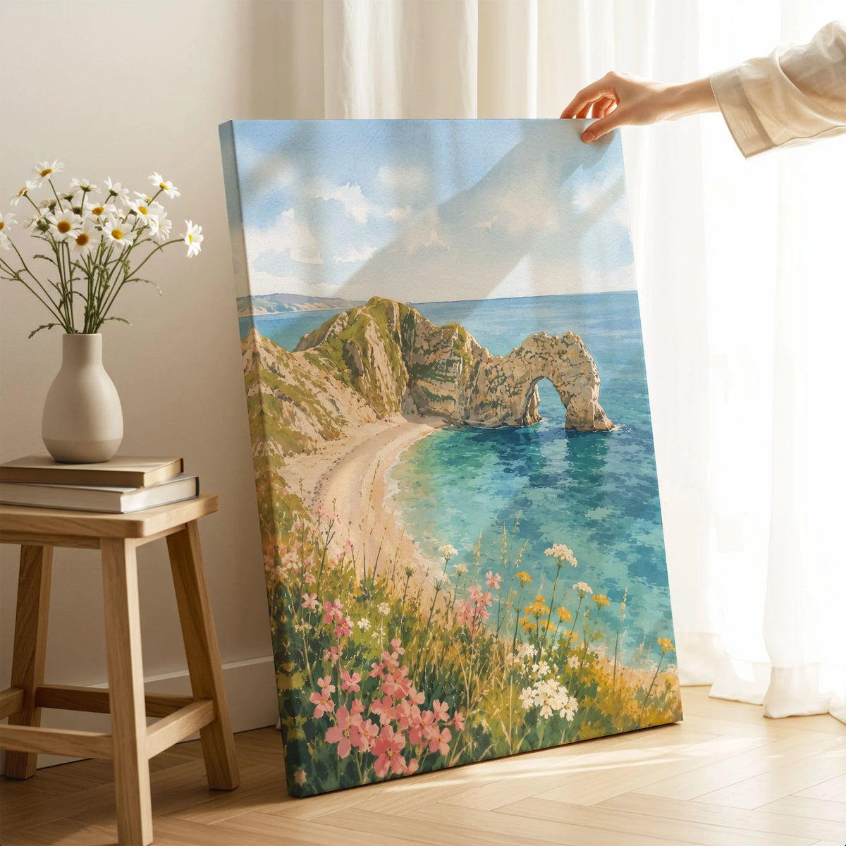 Dorset Durdle Door arch and beach watercolour art print canvas print with mirror edge in a room