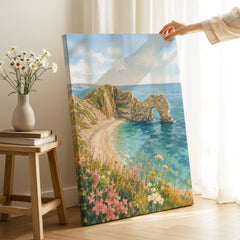Dorset Durdle Door arch and beach watercolour art print canvas print with mirror edge in a room