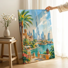 Dubai Burj Khalifa skyline watercolour art print canvas print with mirror edge in a room