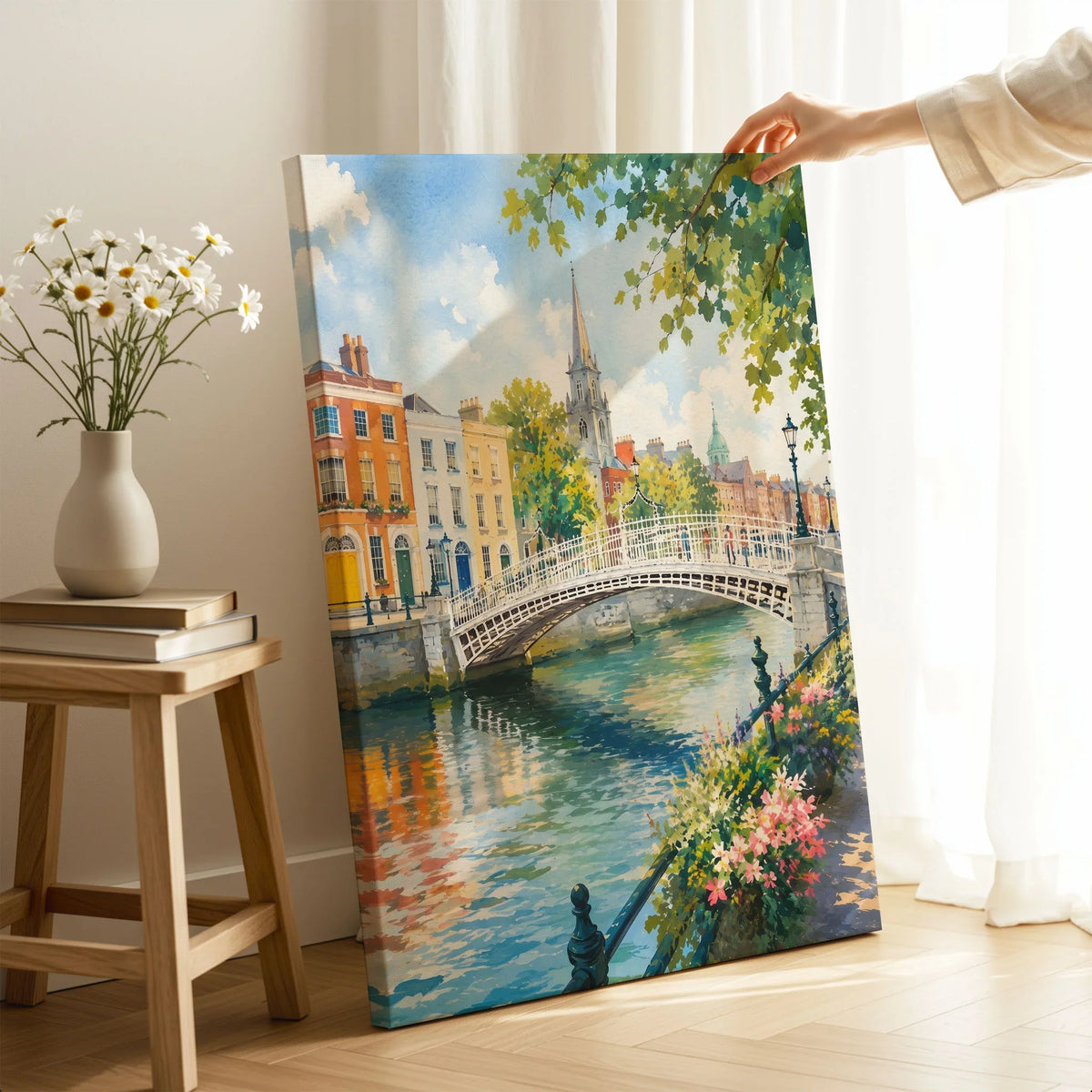 Dublin Ha'penny Bridge on the Liffey watercolour art print canvas print with mirror edge in a room