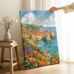 Dubrovnik old town walls and sea watercolour art print canvas print with mirror edge in a room