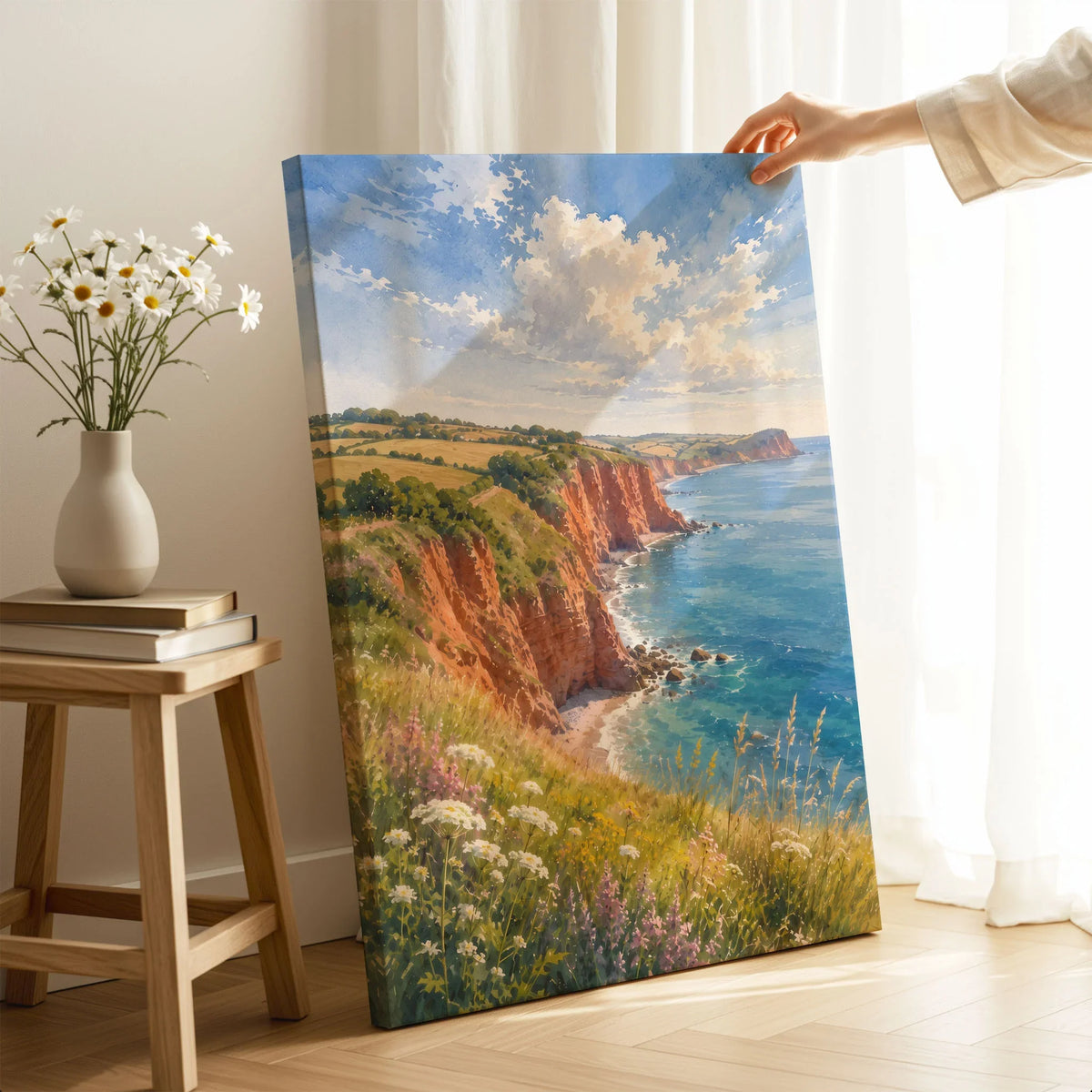 East Devon red sandstone cliffs watercolour art print canvas print with mirror edge in a room