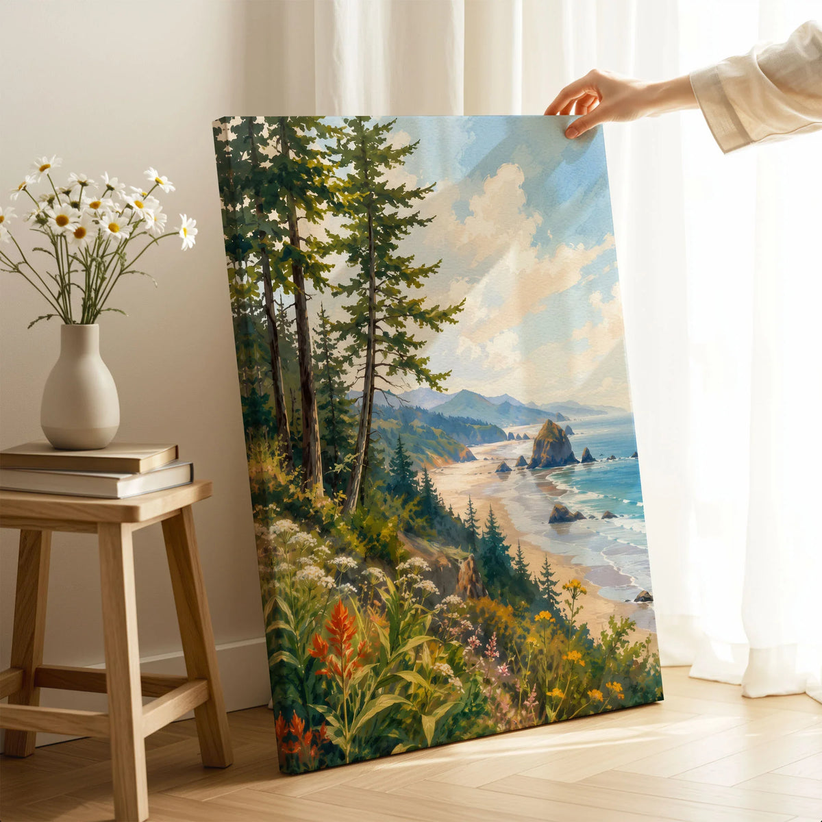 Ecola State Park Cannon Beach sea stacks watercolour art print canvas print with mirror edge in a room