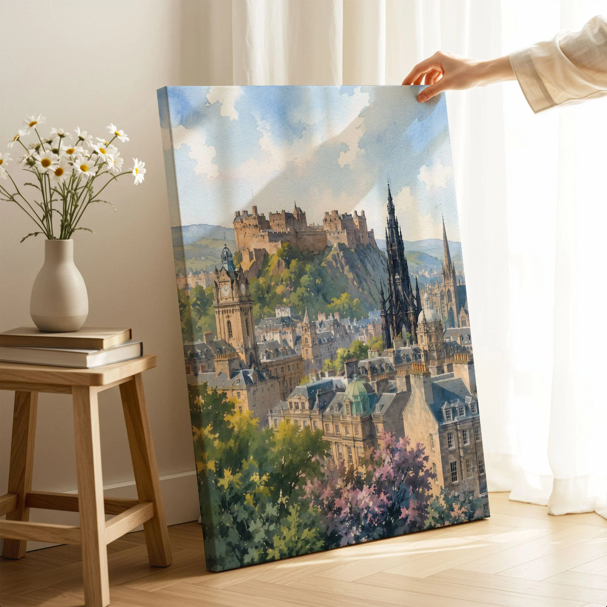 Edinburgh castle and Scott Monument watercolour art print canvas print with mirror edge in a room