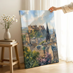 Edinburgh castle and Scott Monument watercolour art print canvas print with mirror edge in a room