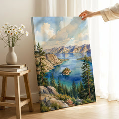 Emerald Bay State Park Fannette Island in Emerald Bay watercolour art print canvas print with mirror edge in a room
