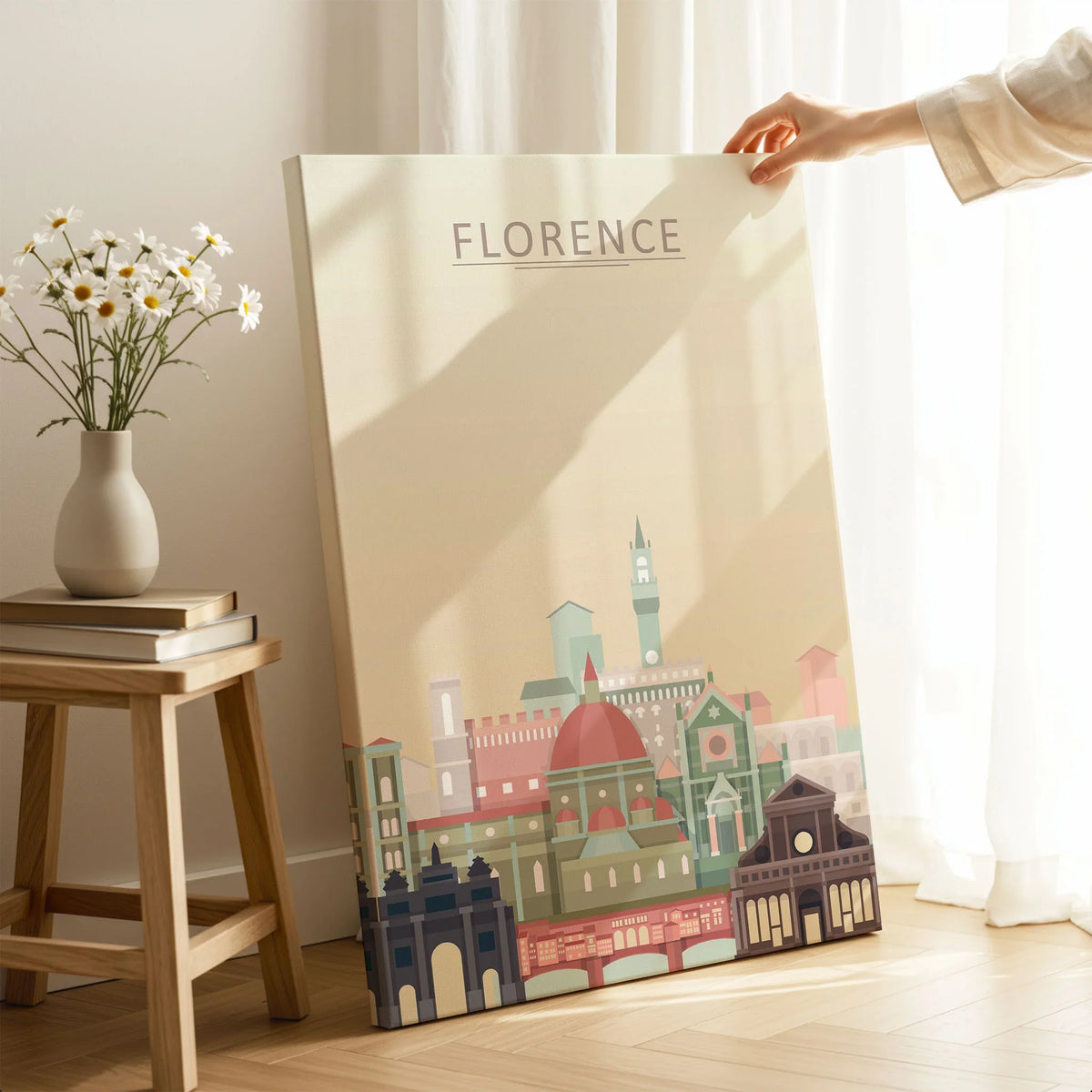 Florence city skyline art print, canvas print with mirror edge in a room