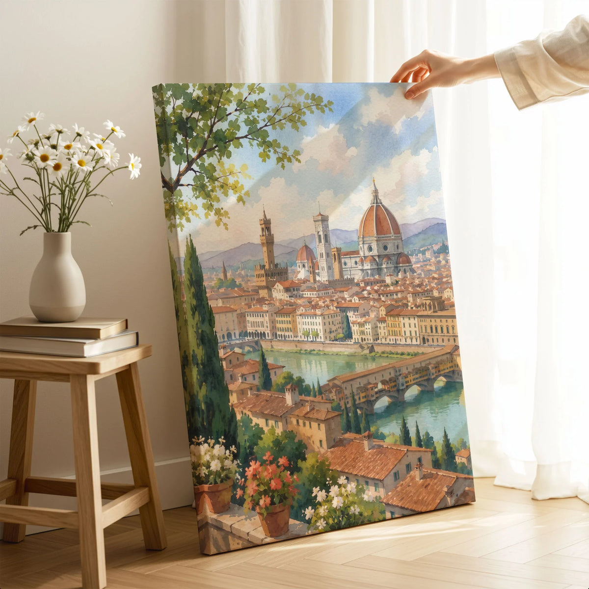 Florence Duomo and Ponte Vecchio watercolour art print canvas print with mirror edge in a room