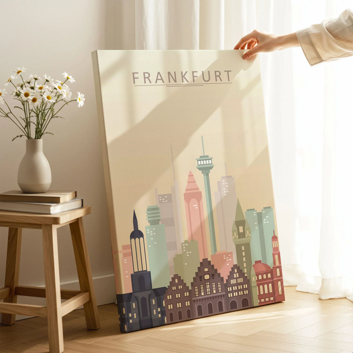 Frankfurt city skyline art print, canvas print with mirror edge in a room