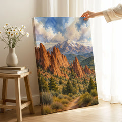 Garden of the Gods red rocks and Pikes Peak watercolour art print canvas print with mirror edge in a room