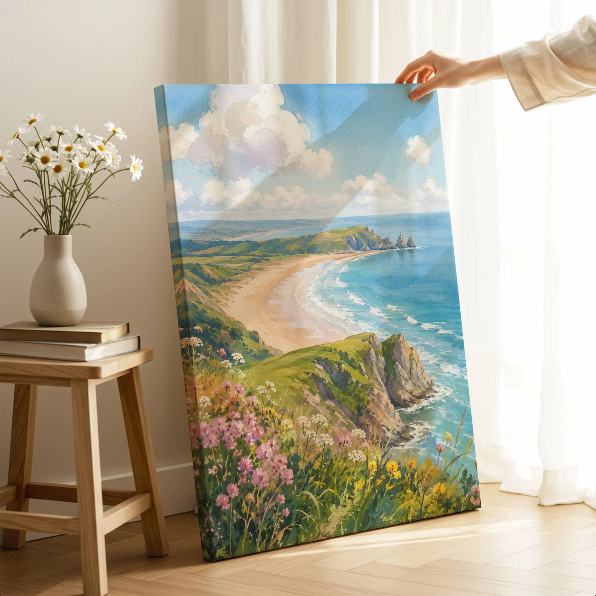 Gower sweeping bay and sea cliffs watercolour art print canvas print with mirror edge in a room
