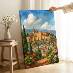 Granada Alhambra palace watercolour art print canvas print with mirror edge in a room