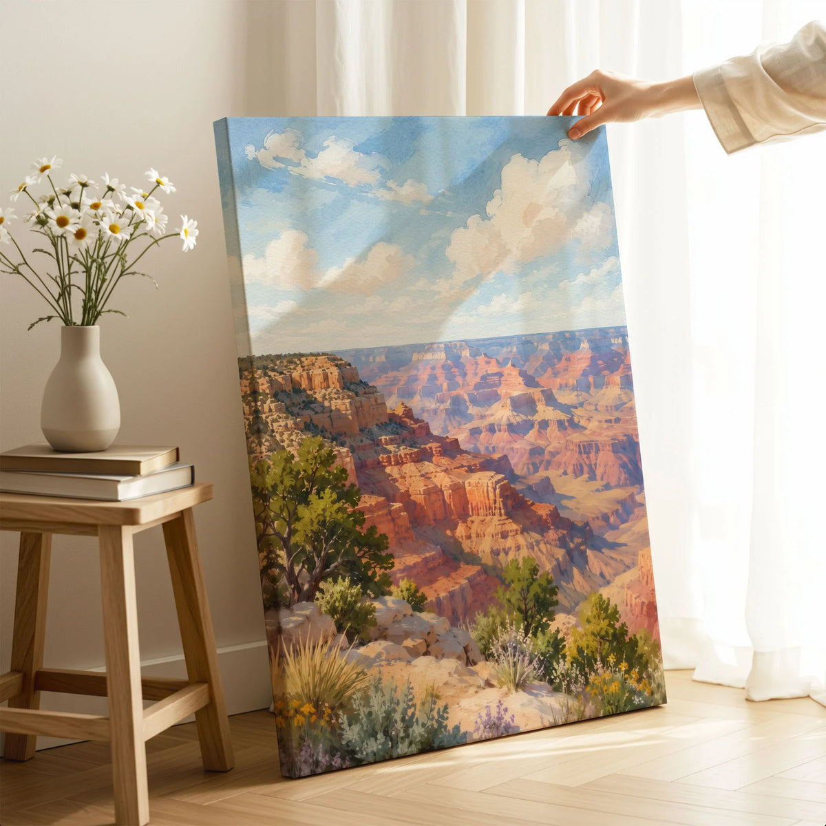 Grand Canyon National Park view from the South Rim watercolour art print canvas print with mirror edge in a room
