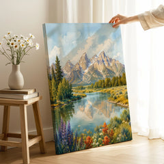 Grand Teton National Park Teton peaks over the Snake River watercolour art print canvas print with mirror edge in a room