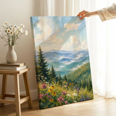Great Smoky Mountains misty blue ridges watercolour art print canvas print with mirror edge in a room