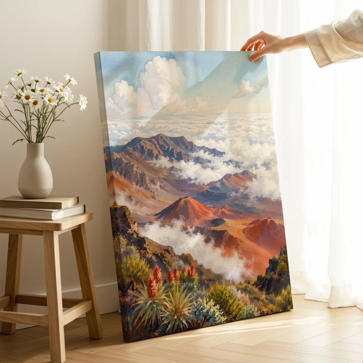 Haleakalā National Park summit crater above the clouds watercolour art print canvas print with mirror edge in a room
