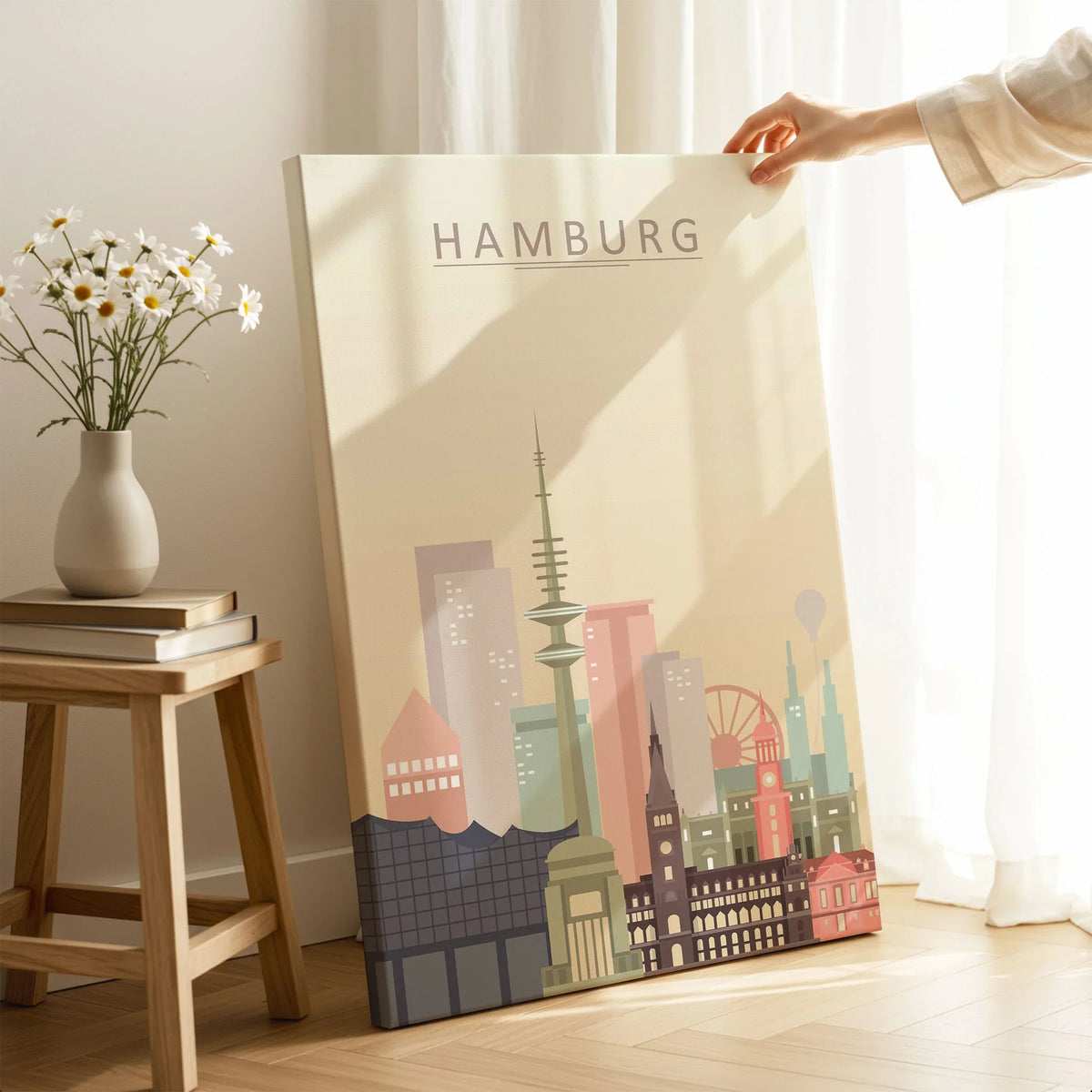 Hamburg city skyline art print, canvas print with mirror edge in a room