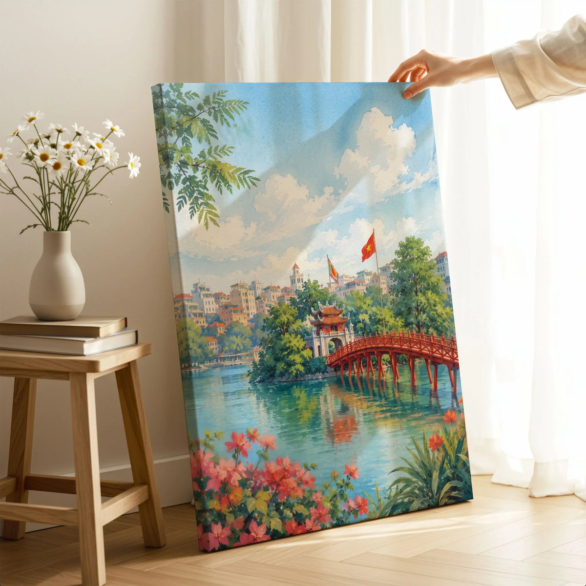 Hanoi red Huc Bridge on Hoan Kiem Lake watercolour art print canvas print with mirror edge in a room