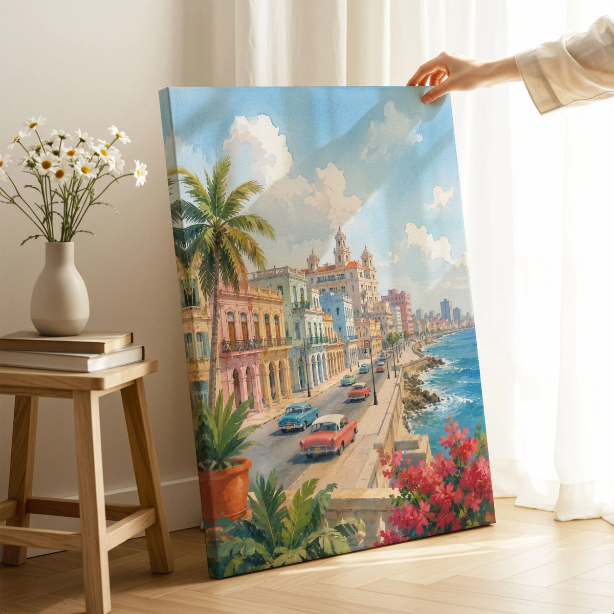 Havana Malecón seafront and classic cars watercolour art print canvas print with mirror edge in a room