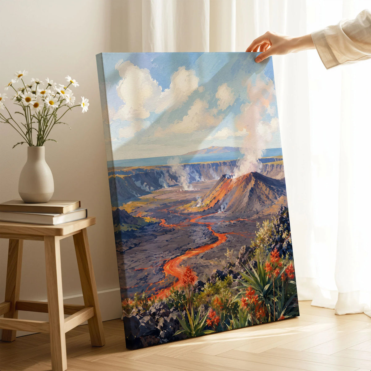Hawaii Volcanoes National Park lava flow and steaming crater watercolour art print canvas print with mirror edge in a room