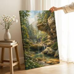 Hocking Hills State Park waterfall below sandstone cliffs watercolour art print canvas print with mirror edge in a room